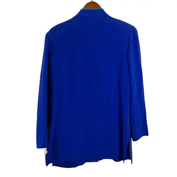 Shomi 100% Silk Blue Button Up Vintage Blouse Teal Green Trim NWT $198 Retro - Picture 3 of 9